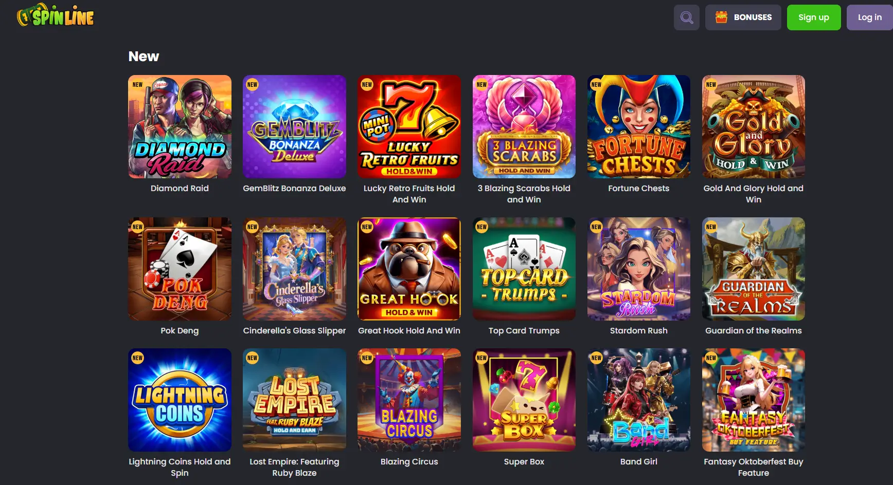SpinLine Casino-Lobby mit neuen Slot-Spiel-Kacheln und Kategorien oben.