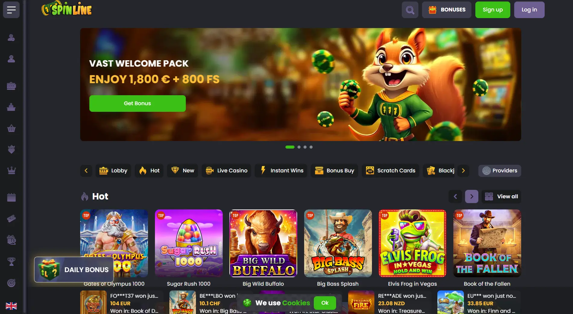 Spinline Startseitenbanner mit Eichhörnchen, Willkommenspaket und grünem Bonus-Button.