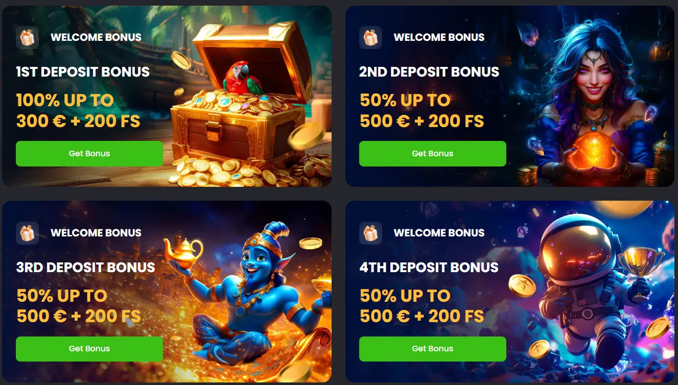 SpinLine Willkommensbonus-Karten zeigen Einzahlungsangebote und Freispiele für Spieler.